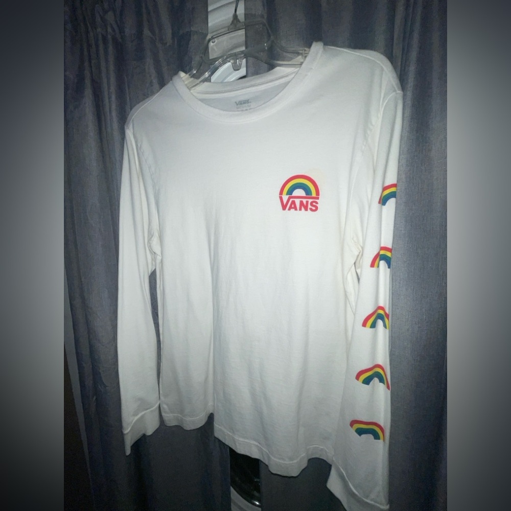 Vans White Long Sleeve Tee with Rainbow Chest and Sleeve Graphics